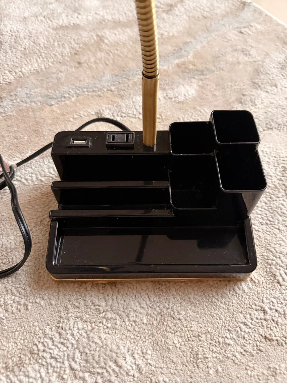 Black & Gold Desk Lamp Organizer with USB Port & Outlet